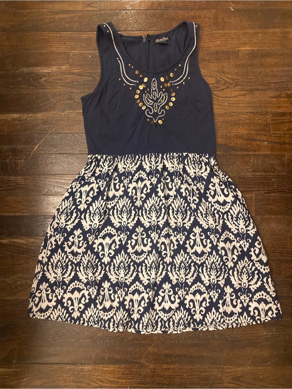 LUCKY BRAND Sundress Navy and White Embroidered Gold , Size Small